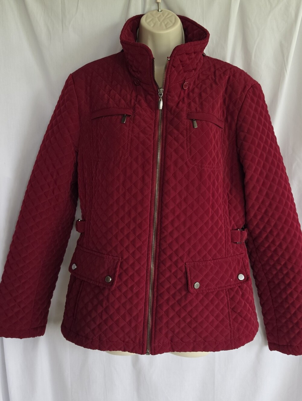 Dimond Quilted Coat Wine Red Burgandy Jacket Adjustable Waist Funnel Neck XL P
